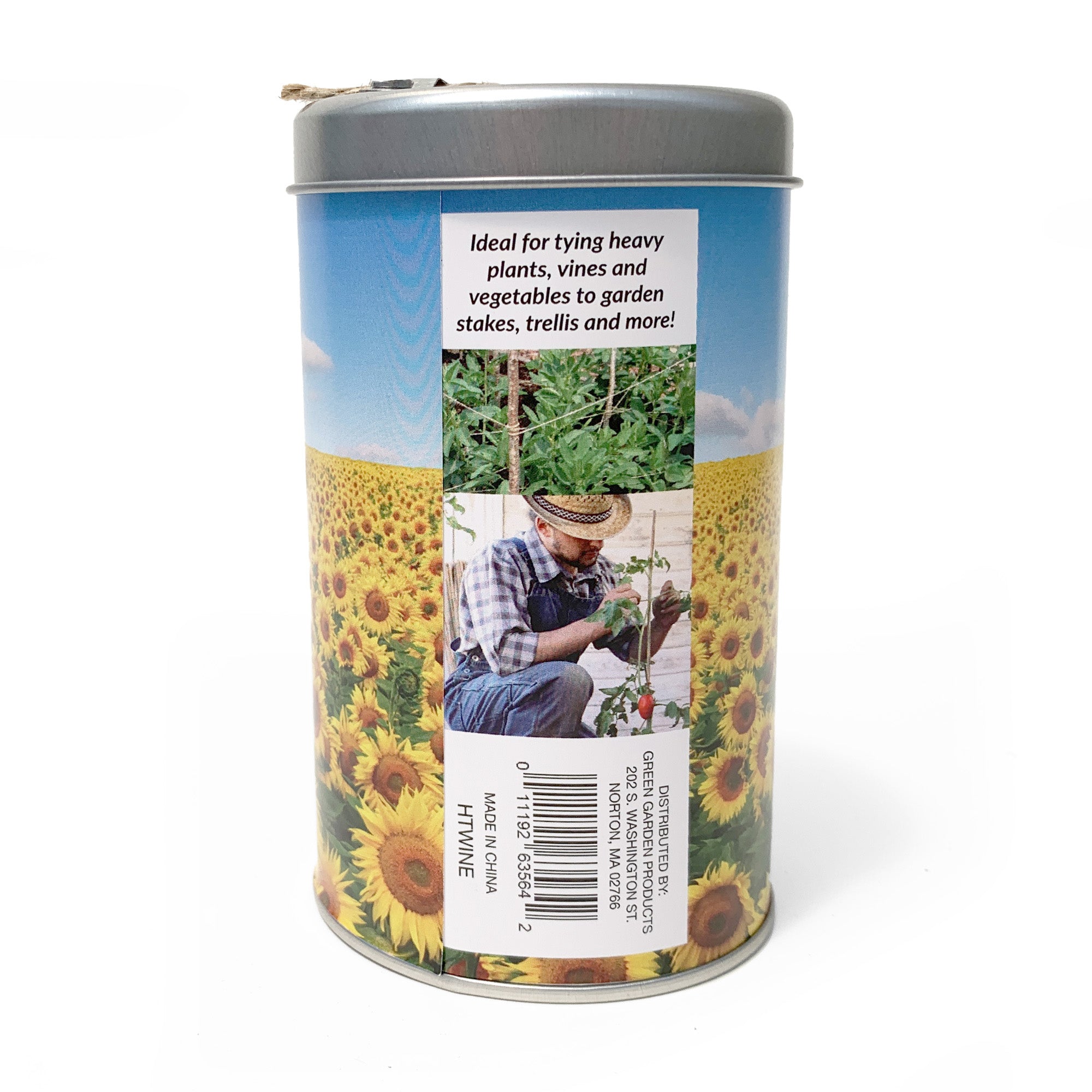 A spool of Ferry-Morse natural jute twine in a tin canister with a sunflower field design.